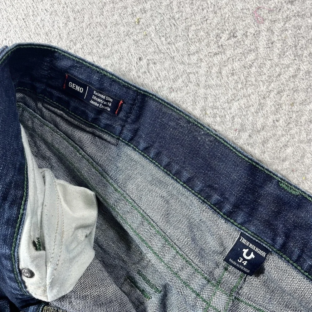 True Religion Geno Relaxed Slim Jeans Mens 34 Blue Wash Distress Denim Fit 36x35